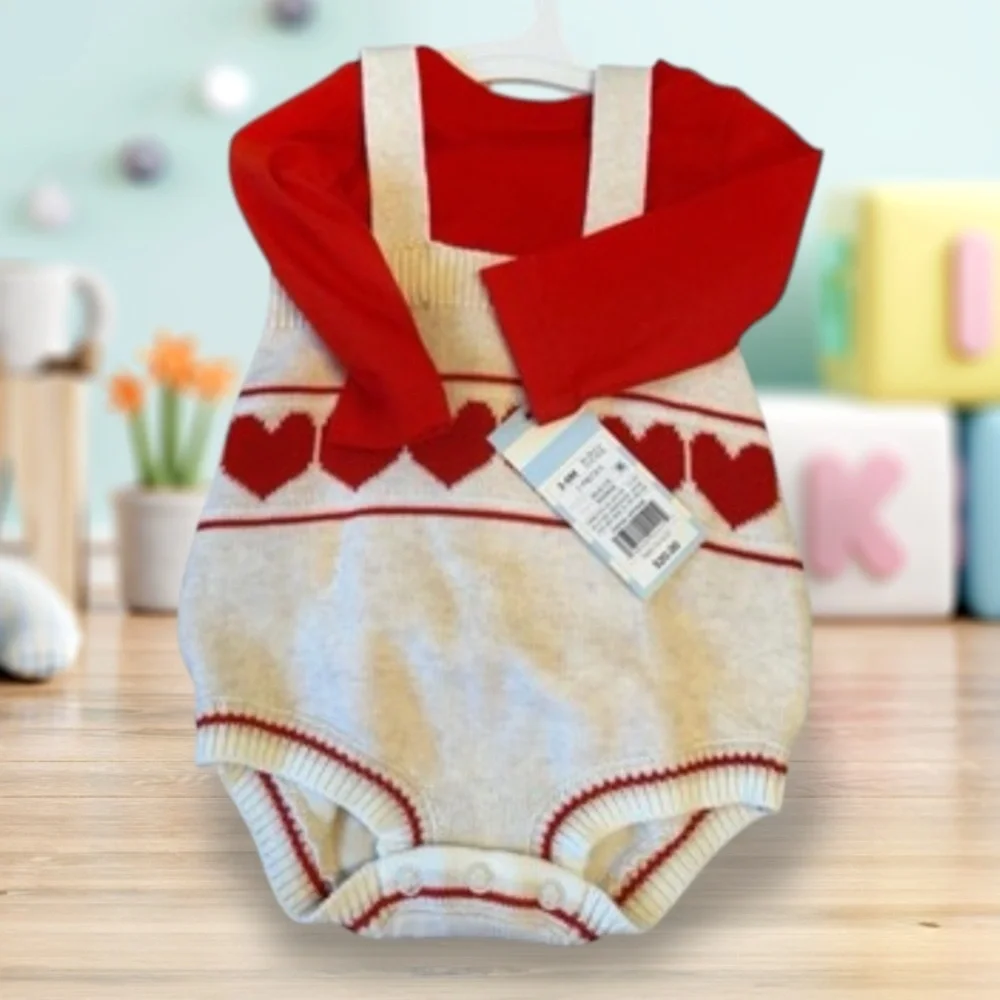 Cat & Jack Red and Cream Heart Knit Romper